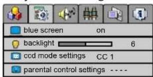 blue screen on backlight 6 ccd mode settings CC 1 parental control settings ----
