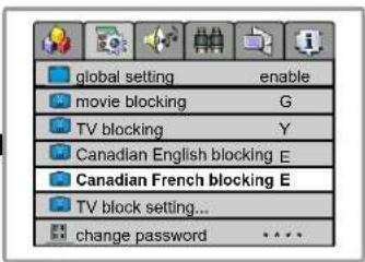 global setting enable movie blocking G TV blocking Y Canadian English blocking E Canadian French blocking E TV block setting... change password ****
