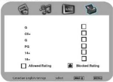 G G6+ G PG 14+ 18+ Allowed Rating Blocked Rating Canadian English Ratings Select