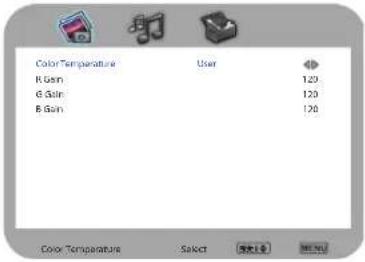 Color Temperature User R Gain 120 G Gain 120 B Gain 120 Color Temperature Select Cancel