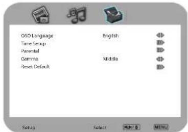 OSO Language Time Setup Parental Gamma Reset Default English Middle Setup Select OK! > Cancel