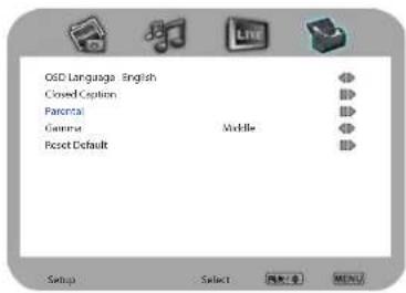 CSD Language English Closed Caption Parental Gamma Reset Default Middle Setup Select 网格设置 帮助