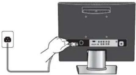 Diagram showing a hand inserting a plug into a computer monitor with a power outlet, indicating connection to the screen.