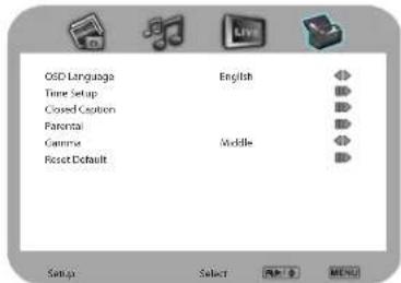 GSD Language Time Setup Closed Creation Parental Camera Reset Default English Middle Setup Select PAGE 1 MENU