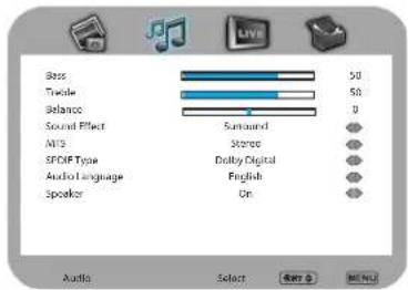 Base 50 Toggle 50 Balance 0 Sound Effect Surround MIS Stamps SFOIP Type Dolby Digital Audio Language English Speaker On Audio Select OK Cancel