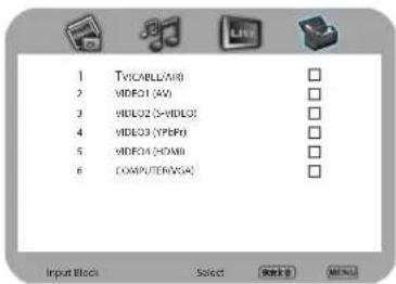 1 TWICABLE/AR 2 VIDEO1 (AV) 3 VIDEO2 (OVIDL0) 4 VIDEO3 (YF89) 5 VIDEO4 (CHAM) 6 COMPUTER/AGA Input Block Select Book 8 NET NO