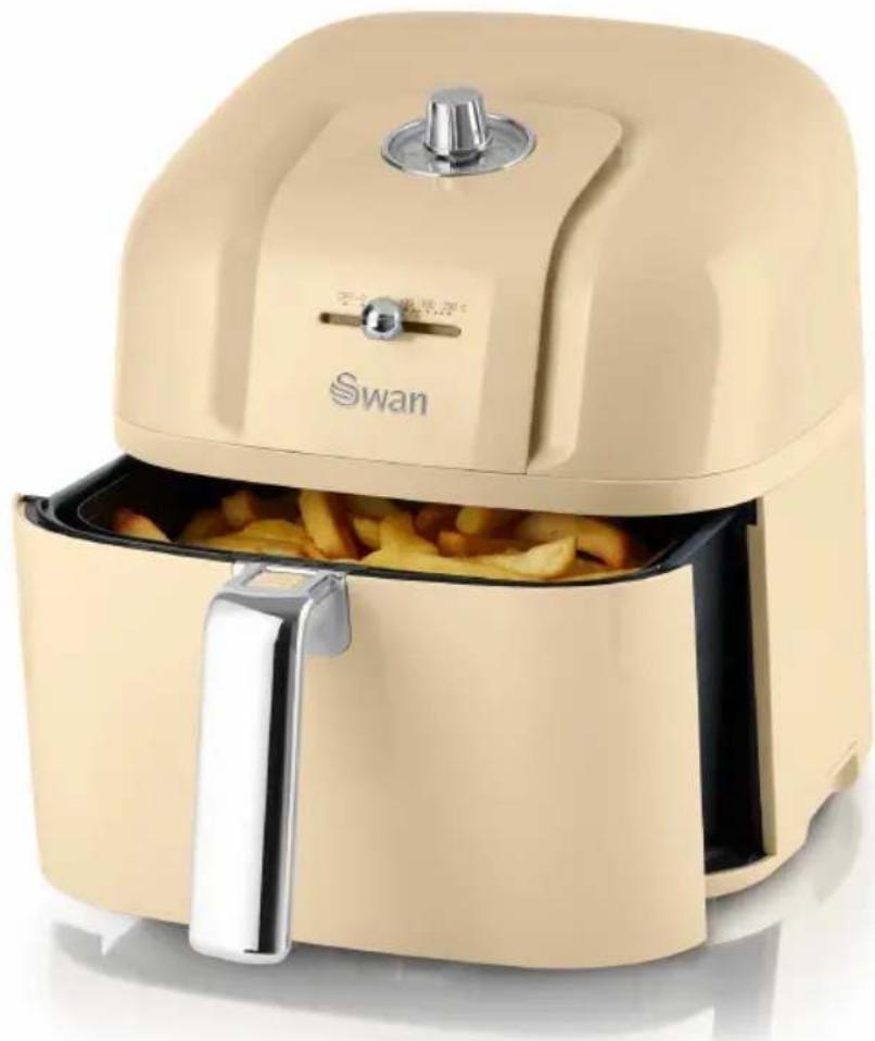 Beige Swan air fryer with open lid and side handle, showing food inside (no text or symbols on main body)