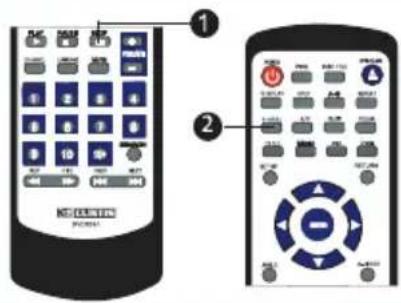 Diagram showing two remote control devices with labeled buttons and function keys, including a central display and control knob.