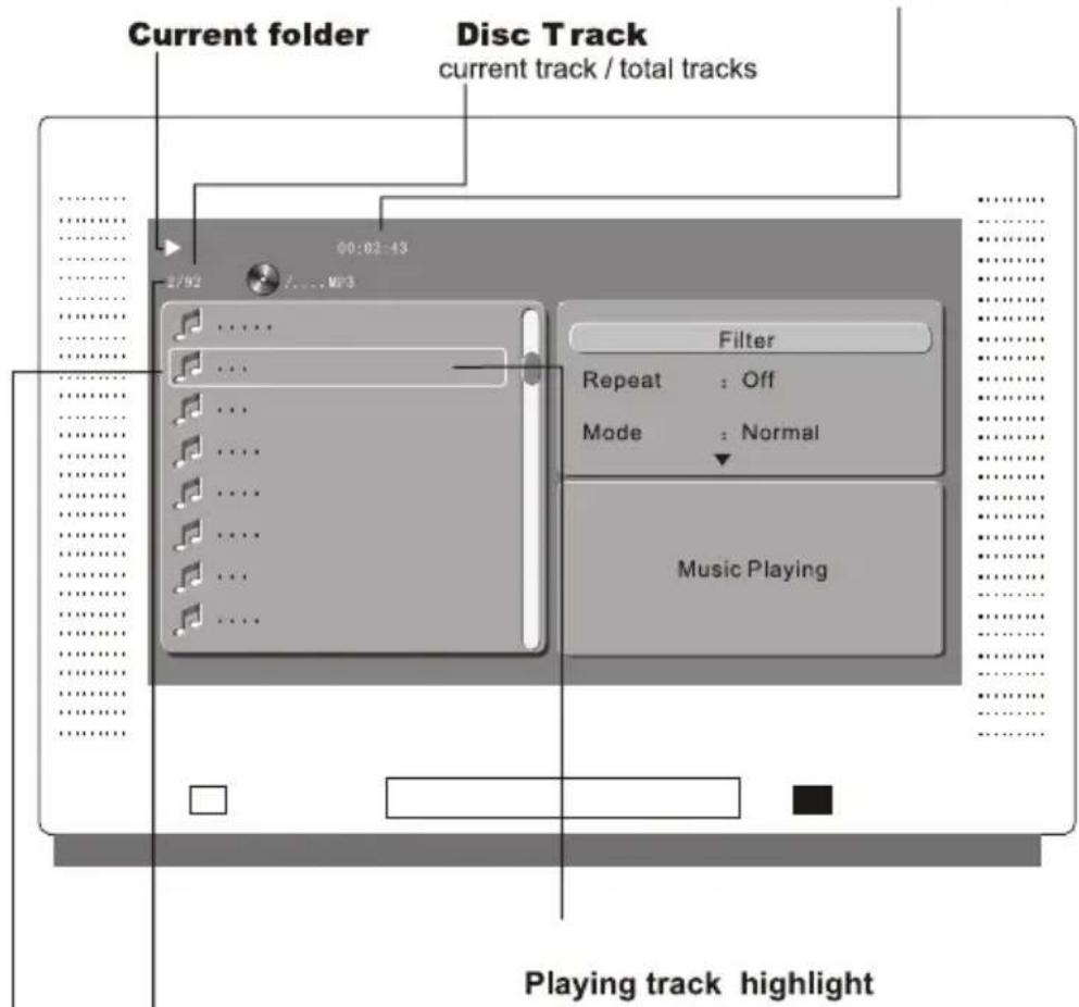 Current folder Disc Track current track / total tracks 00:02:43 2792 /....MP3 Filter Repeat : Off Mode : Normal Music Playing Playing track highlight