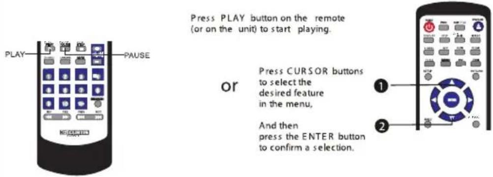 PLAY PAUSE Press PLAY button on the remote (or on the unit) to start playing. or Press CURSOR buttons to select the desired feature in the menu, And then press the ENTER button to confirm a selection. 1 2