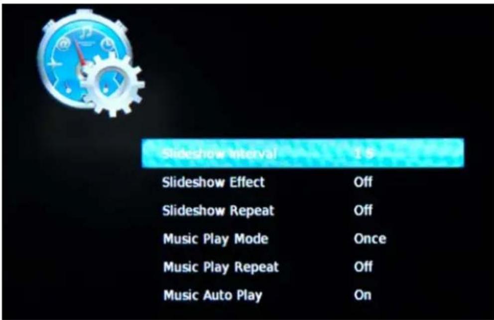 Slideshow Interval 1 S Slideshow Effect Off Slideshow Repeat Off Music Play Mode Once Music Play Repeat Off Music Auto Play On