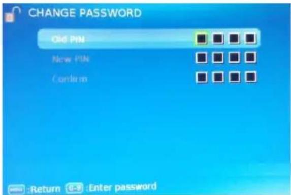 CHANGE PASSWORD Old PIN New PIN Confirm :Return 0.9 Enter password