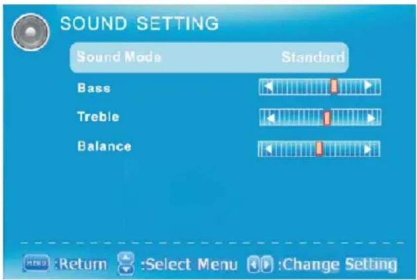 SOUND SETTING Sound Mode Standard Bass Treble Balance MENU :Return Select Menu Change Setting