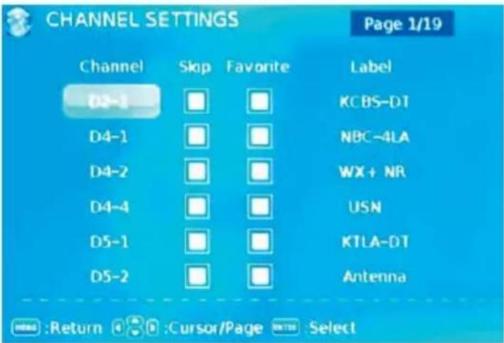 CHANNEL SETTINGS Page 1/19 Channel Skip Favorite Label D2-3 □ □ KCBS-DT D4-1 □ □ NBC-4LA D4-2 □ □ WX + NR D4-4 □ □ USN D5-1 □ □ KTLA-DT D5-2 □ □ Antenna Return Cursor/Page Select