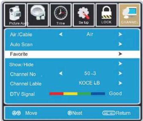 Air /Cable Auto Scan Favorite Show/Hide Channel No Channel Lable DTV Signal 50-3 KOCE LB Good Move Nxtf MI 20 Return