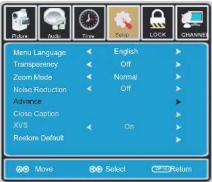Picture Audio Time Setup LOCK CHANNEL Menu Language English Transparency Off Zoom Mode Normal Noise Reduction Off Advance Close Caption XVS On Restore Default Move Select Return