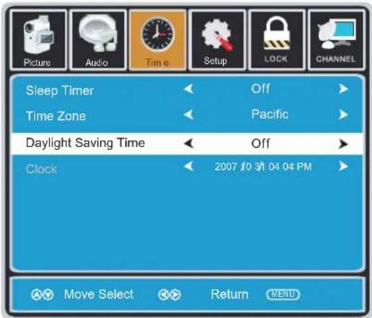 Picture Audio Time Setup LOCK CHANNEL Sleep Timer Off Time Zone Pacific Daylight Saving Time Off Clock 2007 10 3/1 04 04 PM Move Select Return MENU