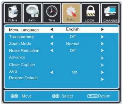 Menu Language English Transparency Off Zoom Mode Normal Noise Reduction Off Advance Close Caption XVS On Restore Default Move Select COLD Return