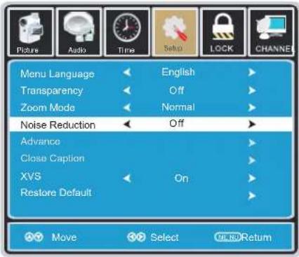 Menu Language Transparency Zoom Mode Noise Reduction Advance Close Caption XVS Restore Default English Off Normal Off On Move Select OK/NO Return