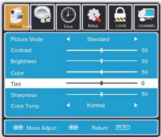 Picture Audio Time Setup LOCK CHANNEL Picture Mode Standard Contrast 50 Brightness 50 Color 50 Tint 0 Sharpness 50 Color Temp. Normal Move Adjust Return MENU