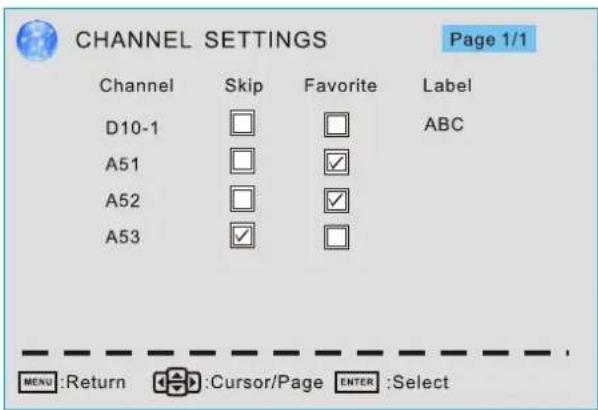 CHANNEL SETTINGS Page 1/1 Channel Skip Favorite Label D10-1 □ □ ABC A51 □ ✓ A52 □ ✓ A53 ✓ □ MENU:Return Cursor/Page ENTER:Select