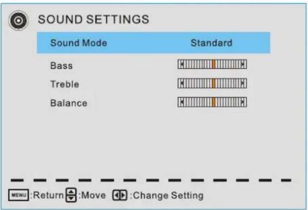 SOUND SETTINGS Sound Mode Standard Bass Treble Balance MENU:Return :Move :Change Setting