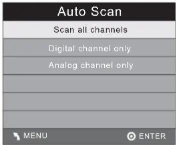 Auto Scan Scan all channels Digital channel only Analog channel only MENU ENTER