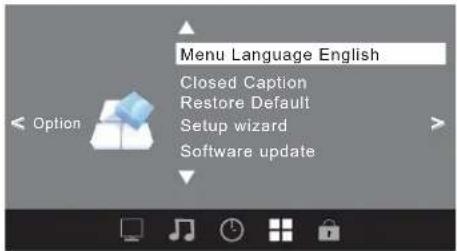 Menu Language English Closed Caption Restore Default Setup wizard Software update