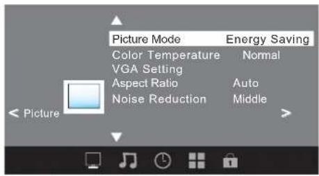 Picture Mode Color Temperature VGA Setting Aspect Ratio Noise Reduction Energy Saving Normal Auto Middle Picture