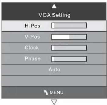 VGA Setting H-Pos V-Pos Clock Phase Auto MENU