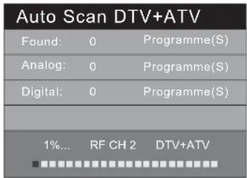 Auto Scan DTV+ATV Found: 0 Programme(S) Analog: 0 Programme(S) Digital: 0 Programme(S) 1%... RF CH 2 DTV+ATV