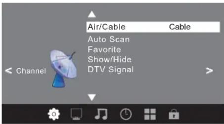 Air/Cable Cable Auto Scan Favorite Show/Hide DTV Signal