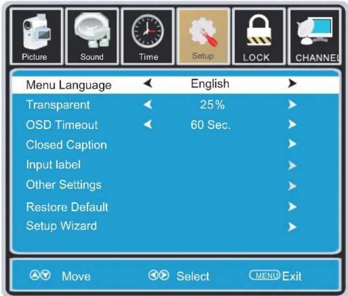 Picture Sound Time Setup LOCK CHANNEL Menu Language English Transparent 25% OSD Timeout 60 Sec. Closed Caption Input label Other Settings Restore Default Setup Wizard Move Select MENU Exit