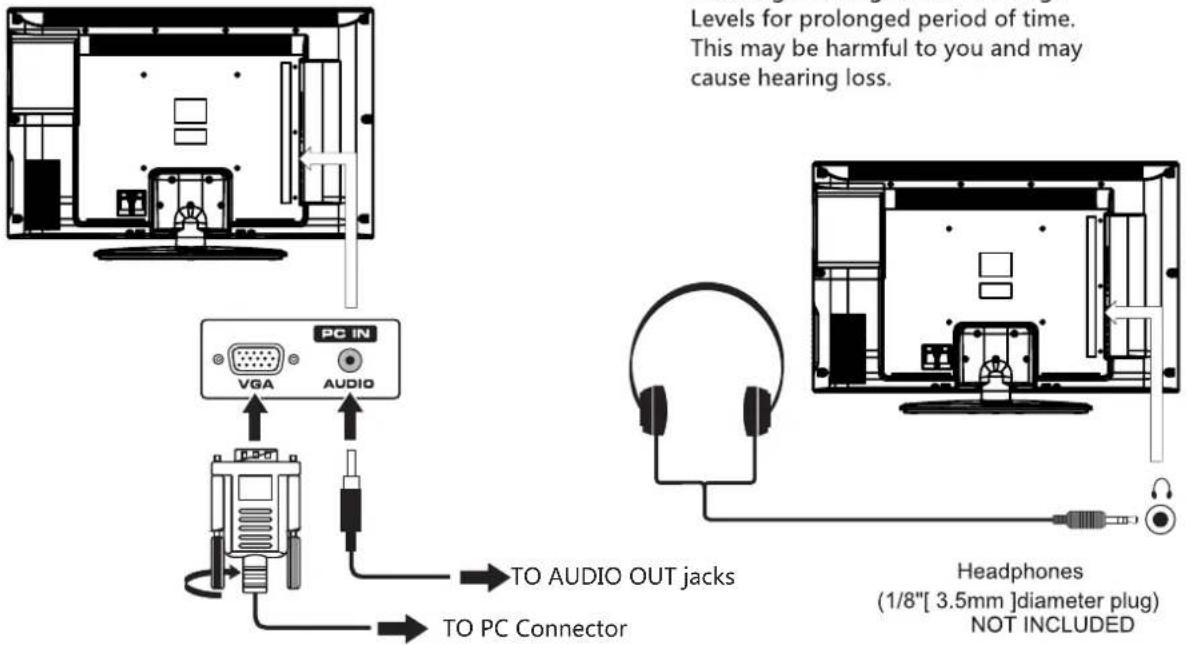 Levels for prolonged period of time. This may be harmful to you and may cause hearing loss. PC IN VGA AUDIO TO AUDIO OUT jacks TO PC Connector Headphones (1/8"[ 3.5mm ]diameter plug) NOT INCLUDED