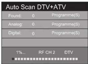 Auto Scan DTV+ATV Found: 0 Programme(S) Analog: 0 Programme(S) Digital: 0 Programme(S) 1%... RF CH 2 DTV