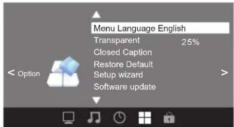 Menu Language English Transparent 25% Closed Caption Restore Default Setup wizard Software update < Option >