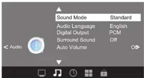 Sound Mode Standard Audio Language English Digital Output PCM Surround Sound Off Auto Volume