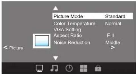 Picture Mode Standard Color Temperature Normal VGA Setting Aspect Ratio Fill Noise Reduction Middle >< Picture >
