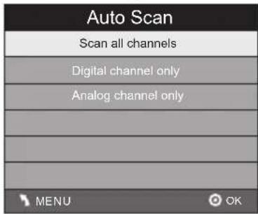 Auto Scan Scan all channels Digital channel only Analog channel only MENU OK