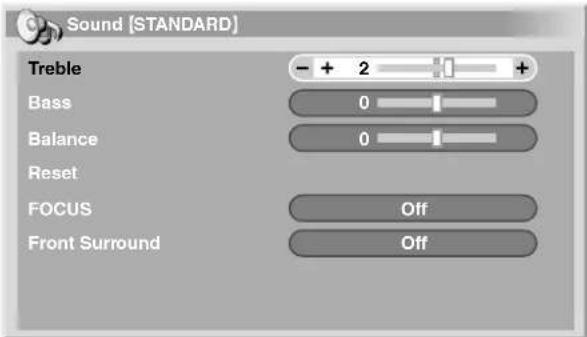 Sound (STANDARD) Treble - + 2 + Bass 0 Balance 0 Reset FOCUS Off Front Surround Off