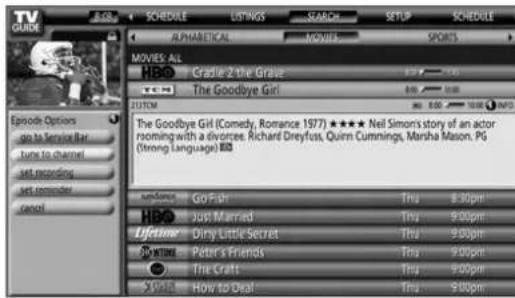 TV GUIDE SCHEDULE LISTINGS SEARCH SETUP SCHEDULE ALPHABETICAL MOVIES SPORTS MOVIES: ALL HBO Cradle 2 the Grace The Goodbye Girl CUSTOM The Goodbye Girl (Comedy, Romance 1977) ★★★★ Neil Simon's story of an actor rooming with a divorce. Richard Dreyfost, Quinn Cummings, Marsha Mason. PG (Strong Language) Go Fish Tru 8:30pm Just Married Tru 9:00pm Lifetime Dirty Little Secret Tru 9:00pm Peter's Friends Tru 9:00pm The Craft Tru 9:00pm How to Deal Tru 9:00pm