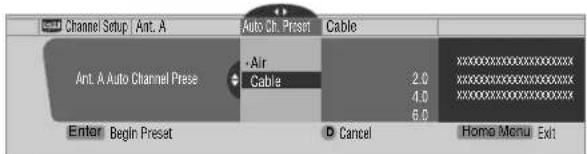 Channel Setup / Ant. A Auto Ch. Preset Cable Ant. A Auto Channel Preset Air Cable 2.0 4.0 6.0 Enter Begin Preset Cancel Homomenu Exit