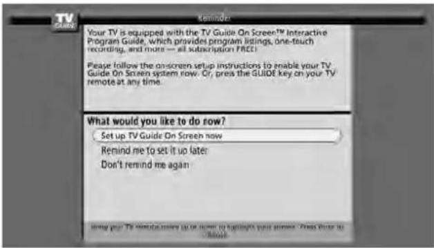 Your TV is equipped with the TV Guide On Screen™ Interactive Program Guide, which provides program listings, one-touch recording, and more — all subscription FREE! Please follow the on-screen setup instructions to enable your TV Guide On Screen system row? Or, press the GUIDE key on your TV remote at any time. What would you like to do row? Set up TV Guide On Screen now Remind me to set it up later Don't remind me again Bring your TV guide now up to home to highlight your stories. Press order to Print.