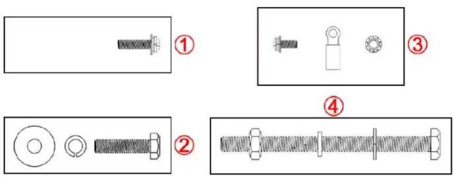Diagram showing four types of bolt and nut components with numbered labels (1-4) for identification.