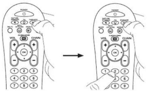 Diagram showing how to change the volume control of a remote control, with labeled buttons and directional arrow indicating change.