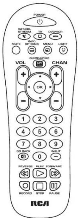 POWER SAT+CBL STREAM TV DVD+VCR MUTE INFO OPTIONS MENU LIGHT GUIDE+HOME VOL CHAN 1 2 3 4 5 6 7 8 9 GO BACK 0 INPUT REVERSE PLAY FORWARD RECORD STOP PAUSE RCAI