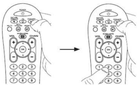 Diagram showing how to switch from a remote control via keyboard keys, with hand gestures indicating action.