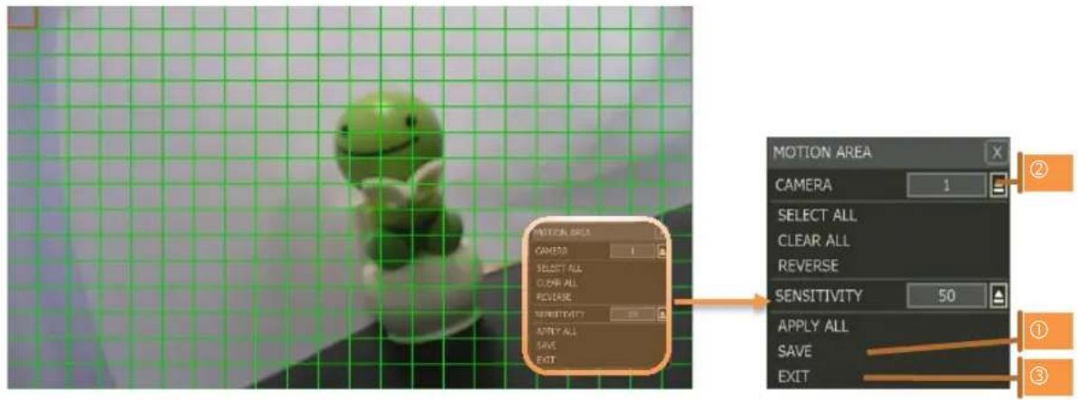 MOTION AREA CAMERA 1 SELECT ALL CLEAR ALL REVERSE SENSITIVITY 50 APPLY ALL SAVE EXIT
