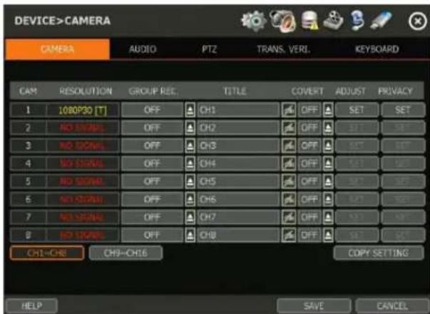 DEVICE>CAMERA CAM RESOLUTION GROUP REC. TITLE COVERT ADJUST PRIVACY 1 10BOP30 [T] OFF CH1 OFF SET SET 2 NO SIGNAL OFF CH2 OFF SET SET 3 NO SIGNAL OFF CH3 OFF SET SET 4 NO SIGNAL OFF CH4 OFF SET SET 5 NO SIGNAL OFF CH5 OFF SET SET 6 NO SIGNAL OFF CH6 OFF SET SET 7 NO SIGNAL OFF CH7 OFF SET SET 8 NO SIGNAL OFF CH8 OFF SET SET CH1-CH8 CH3-CH16 COPY SETTING HELP SAVE CANCEL