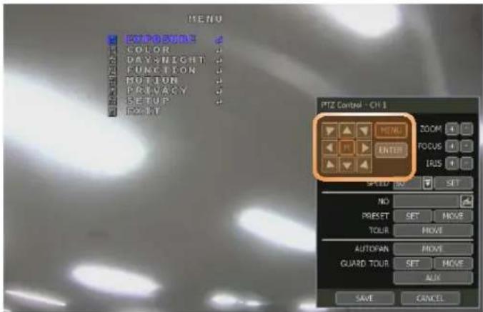 MENU COLOR DAY,HEIGHT FUNCTION MOTION PRIVACY SETUP RIGHT PTZ Control - CH 1 MENU ENTER ZOOM FOCUS IRUS SPEED DO NO PRESET SET MOVE TOUR MOVE AUTOPAN MOVE GUARD TOUR SET MOVE ALIX SAVE CANCEL